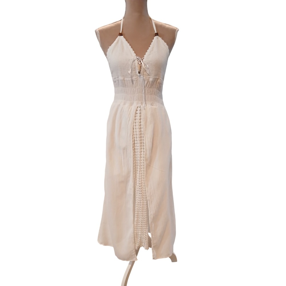 Seaspice Resort Wear Small White 100% Peruvian Cotton Halter Split Midi Dress